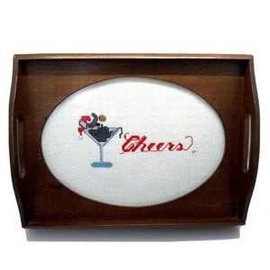 Vtg. Sudberry Christmas holiday Mouse Martini Glass  Cheers glassed in wood tray